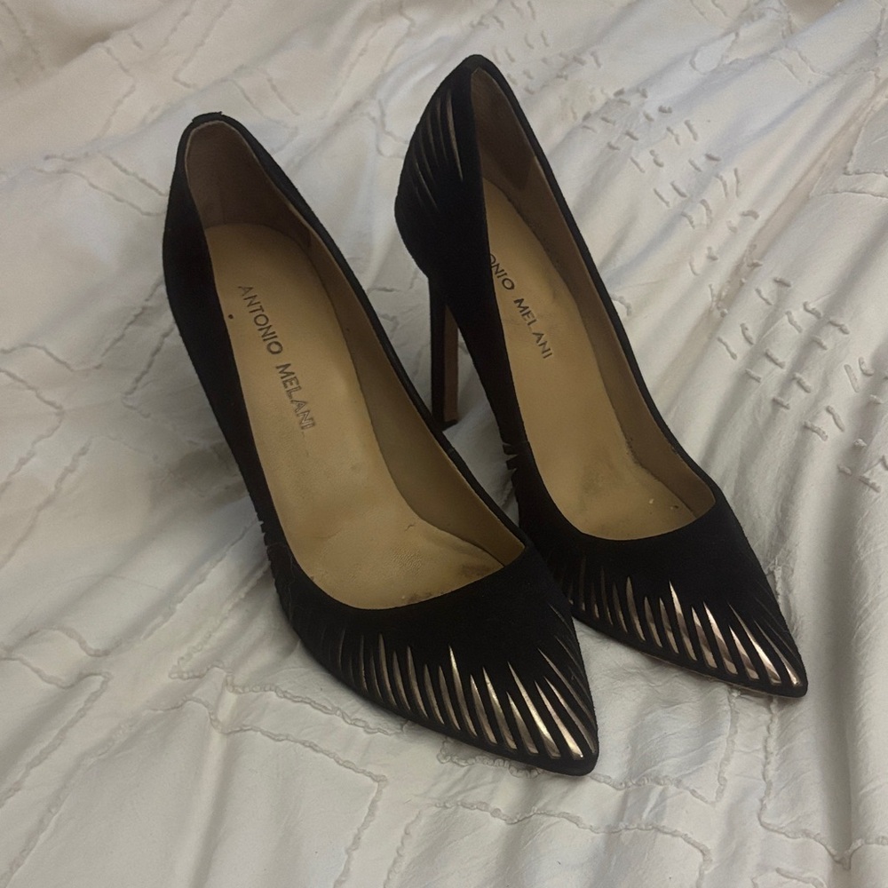 ANTONIO MELANI Black Pointed Toe Stiletto Heels with Metallic Accents
